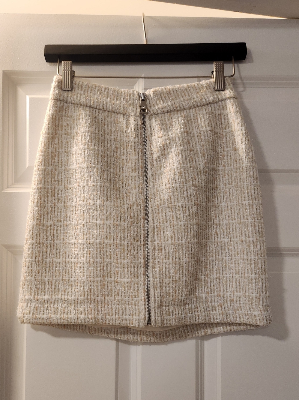 NWT DKNY Jeans Cream & White Tweed Preppy Zip-Front Mini Skirt